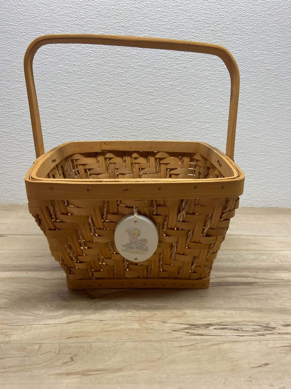 Precious Moments Square Wicker Wooden Basket With Porcelain Ornament