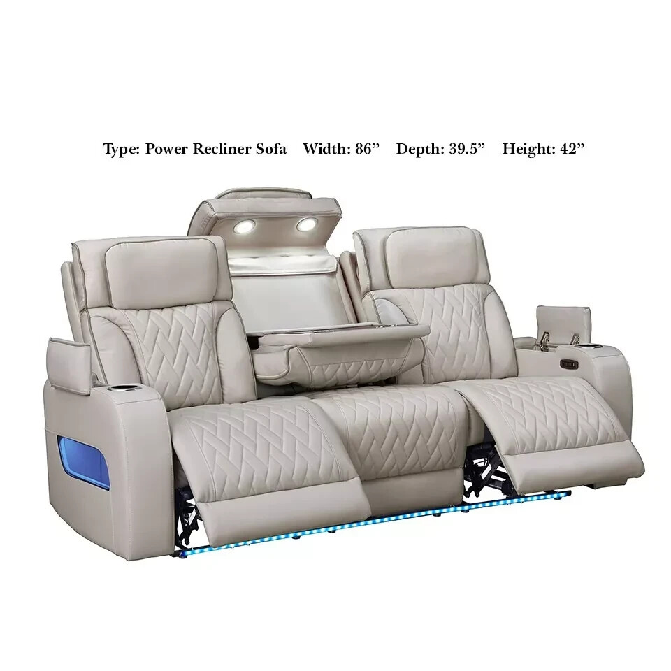 NEW Beige Gray LED Power Recliner & Adj Headrest 3PC Sofa Set Bluetooth Speaker