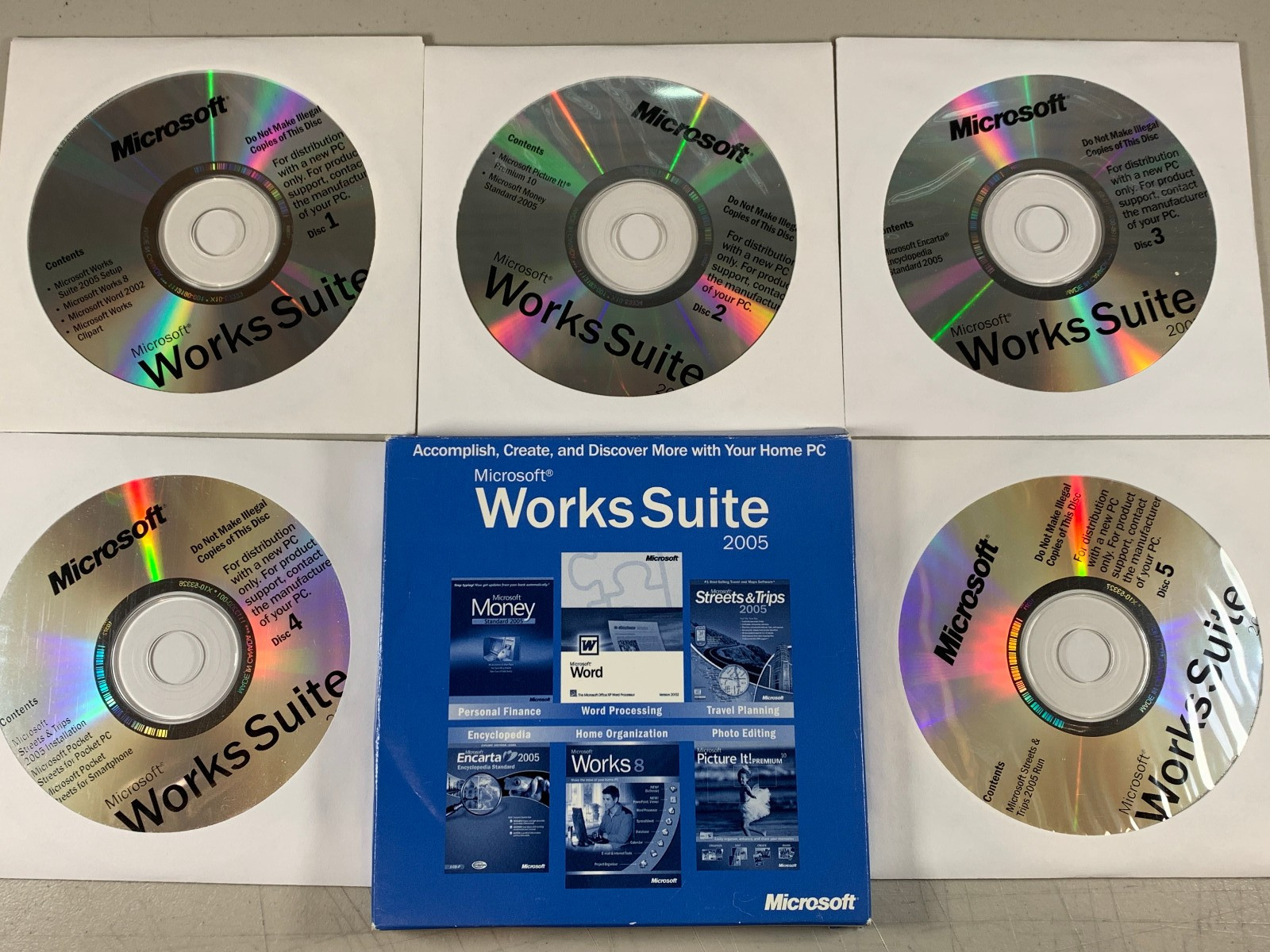 Microsoft Works Suite 2005 5 Disc Set w/ Product Key Encarta Money Picture It!