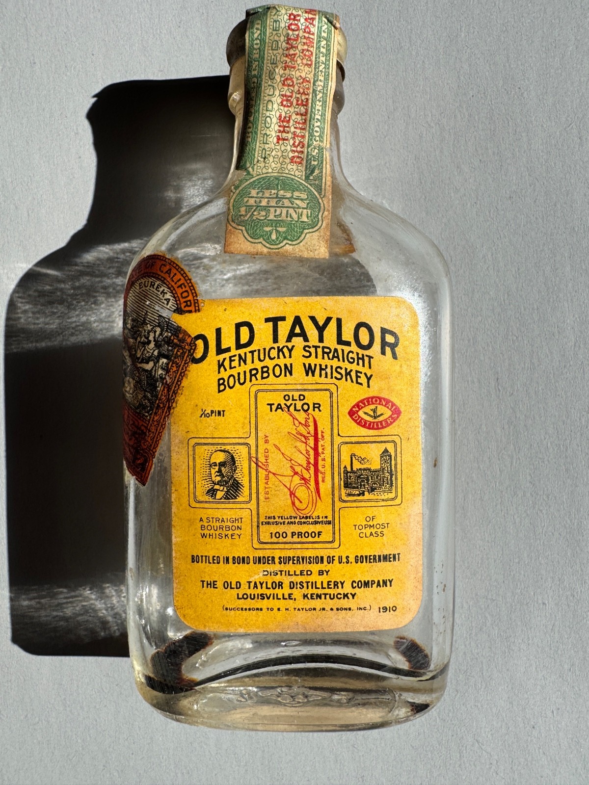 Old Taylor Kentucky Straight Bourbon Whiskey Empty Miniature Glass Bottle 1930's