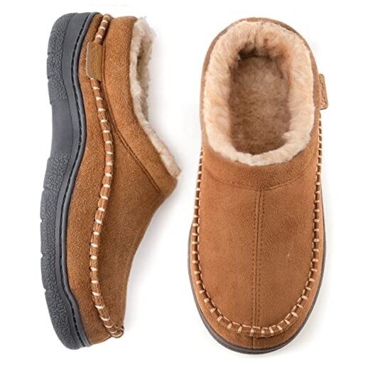 Men's Slip On Moccasin Slippers, Indoor/Outdoor Warm Fuzzy Comfy 11-12 Tan