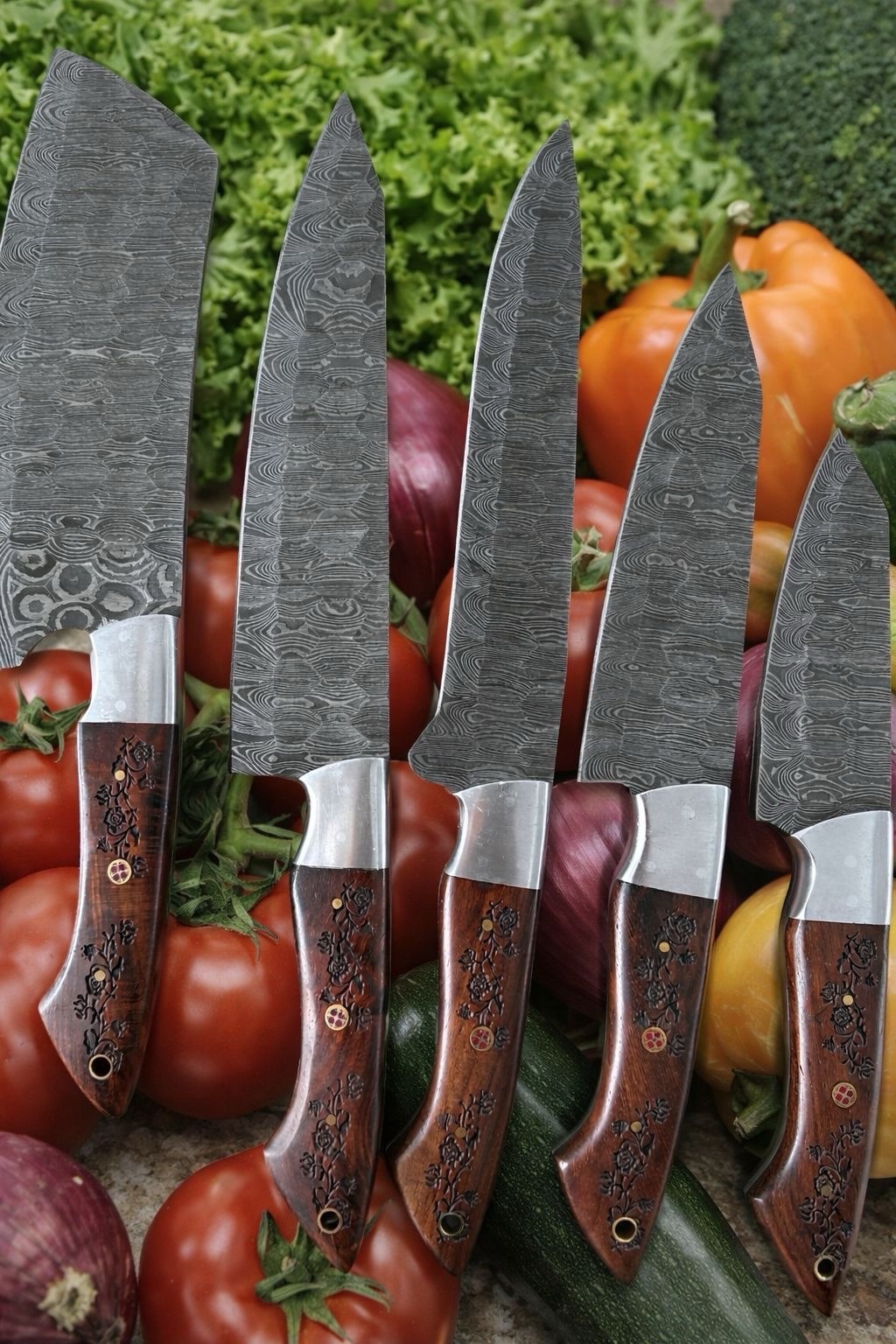 Vintage Damascus Steel blade Chef knives set -  Engraved Wood - Hammer Pattern
