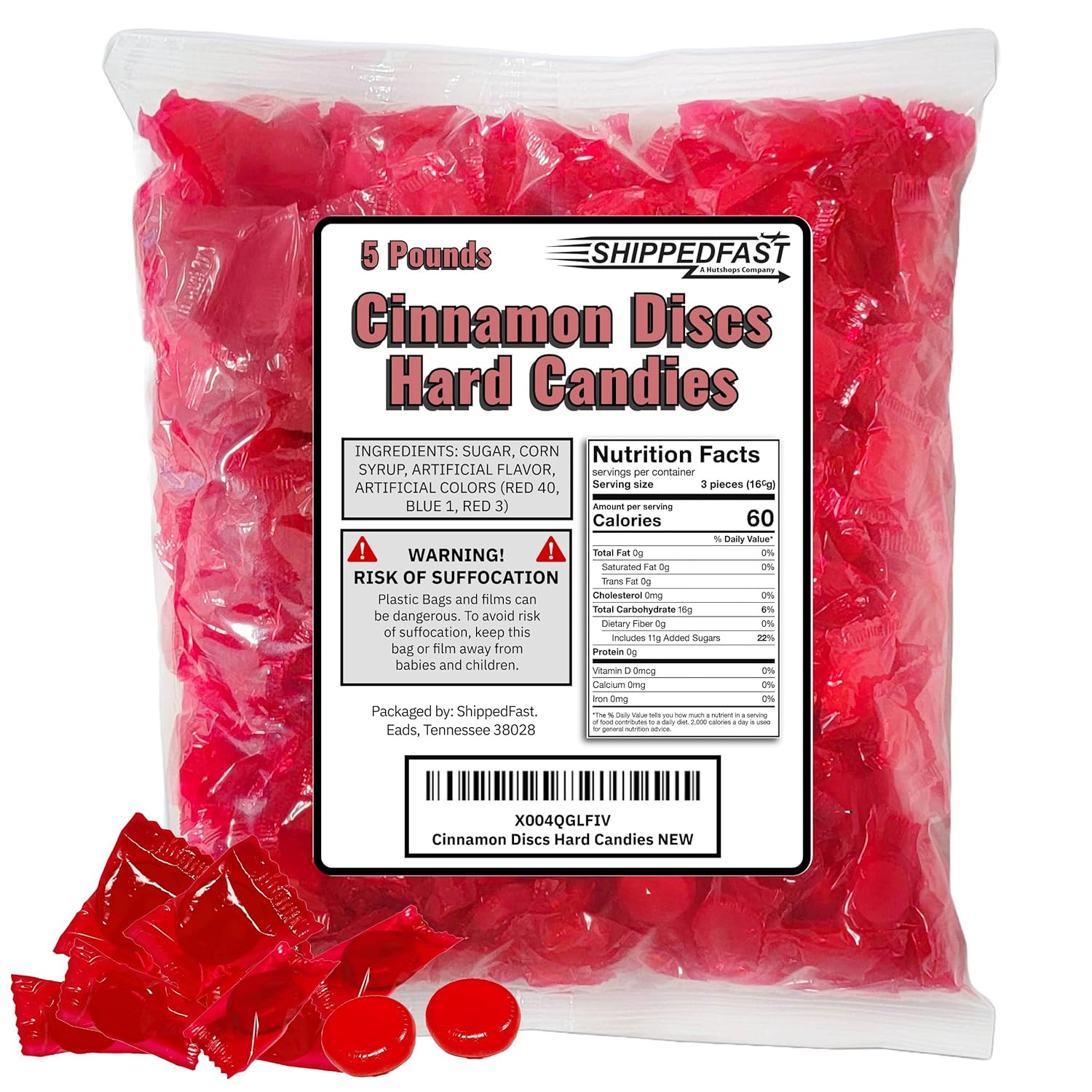 Cinnamon Discs Hard Candies - (5 Pound Bag) of Individually Wrapped Red Cinnamon