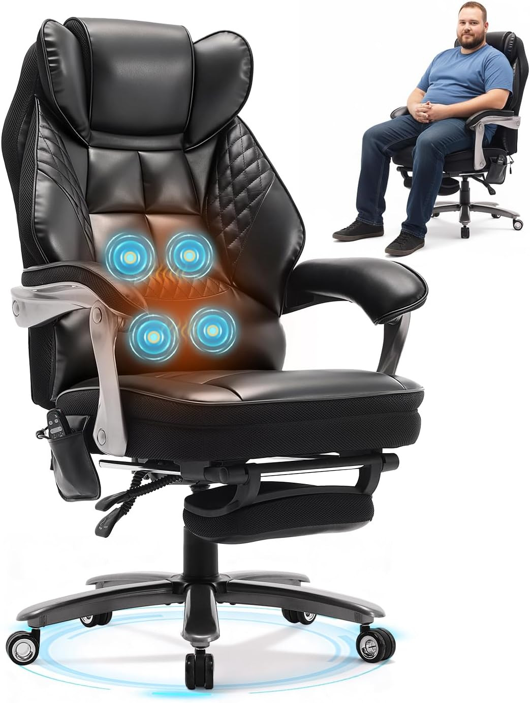 600LBS Big and Tall Office Chair with Massage and Heat, 23.5" Wide Leather Offic