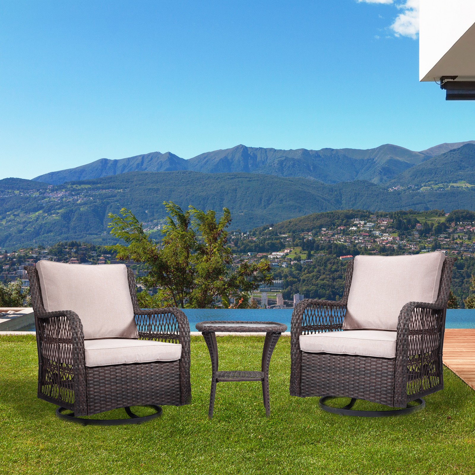 3Pcs Patio Furniture Set, Outdoor Swivel Wicker Chairs, with Rattan Side Table