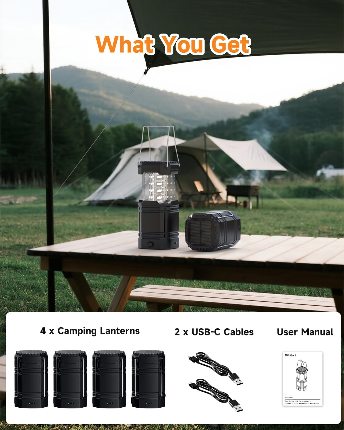 Solar Camping Lantern 4 Pack, Rechargeable LED Lantern with Flashlight