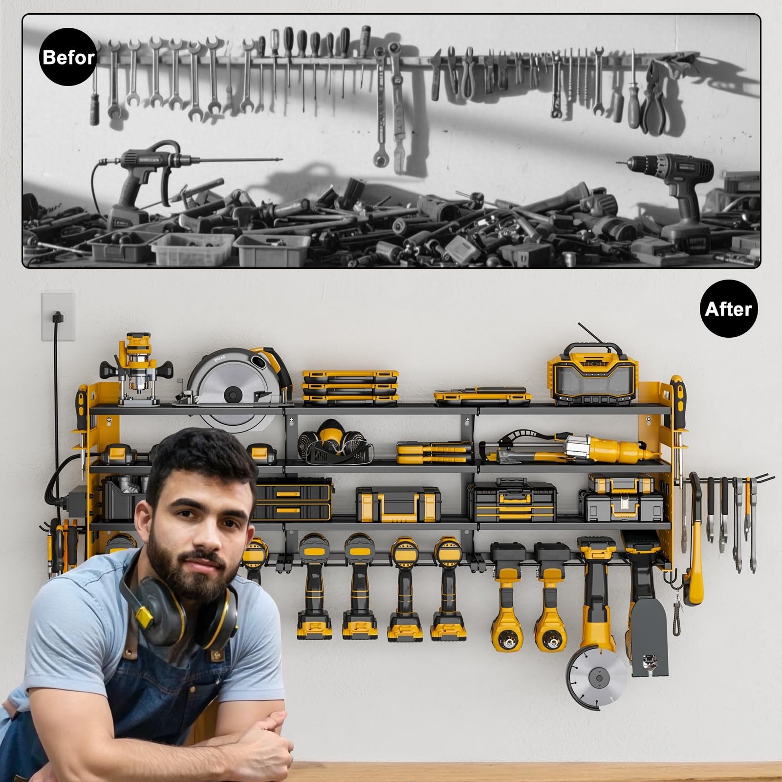 12 Cordless Drill Holder Large Power Tool Organizer Wall Mount with Side Pegb...