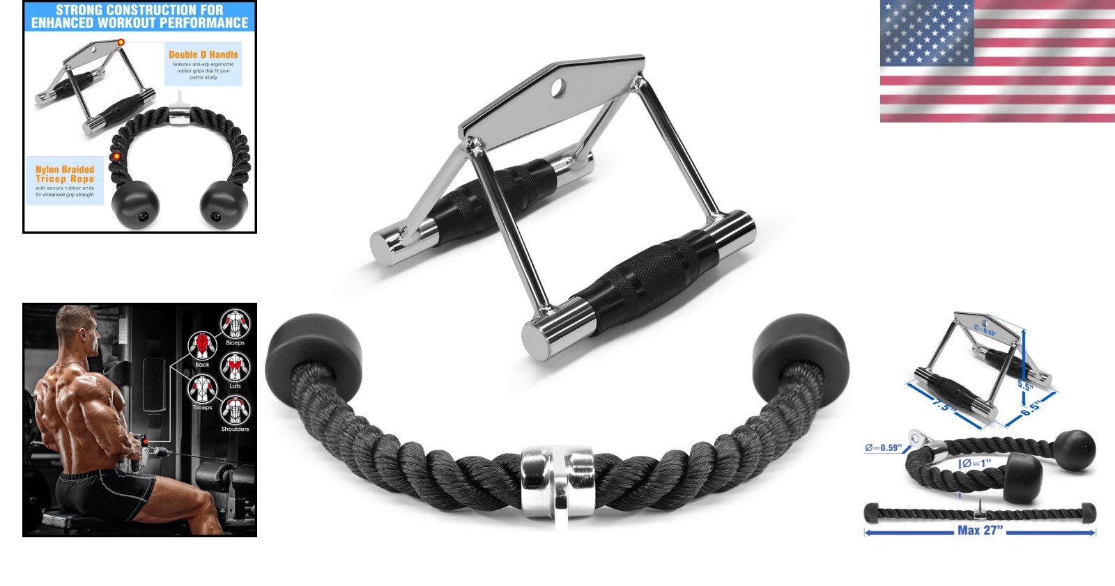 Durable Cable Machine Set: Double D Handle & Tricep Rope for Maximum Results
