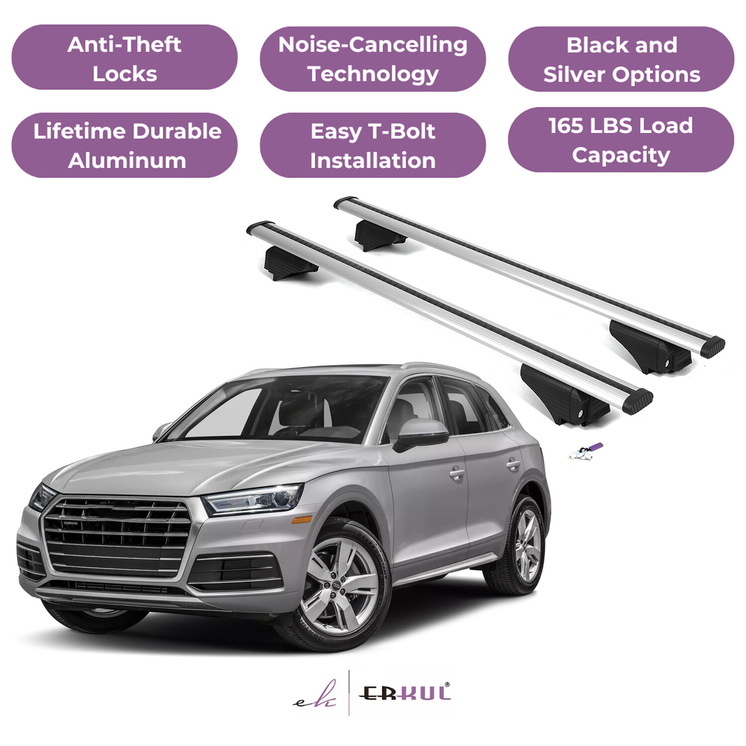 ERKUL Roof Rack Cross Bars for Audi Q5 / SQ5 2018-2026 with Flush Rails - Silver