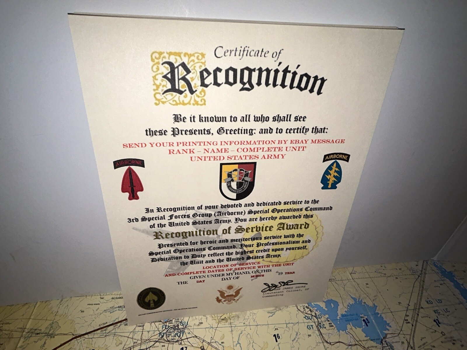 U.S. ARMY - 3RD SPECIAL FORCES GROUP (ABN) RECOGNITION OF SERVICE AWARD