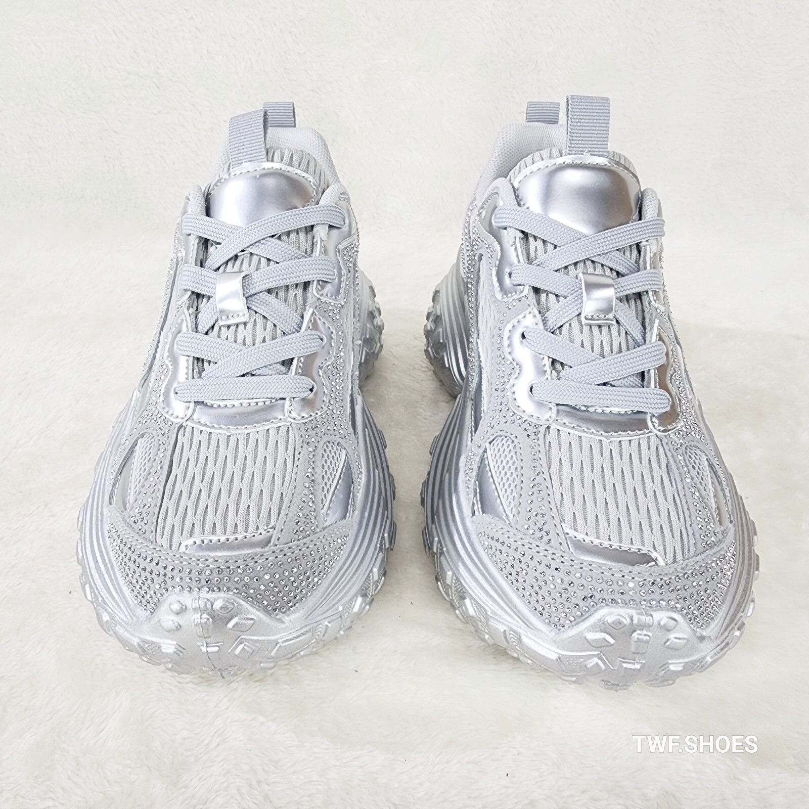 Cush Sparkle Sport Rhinestone Comfy Platform Light Weight Sneakers Silver