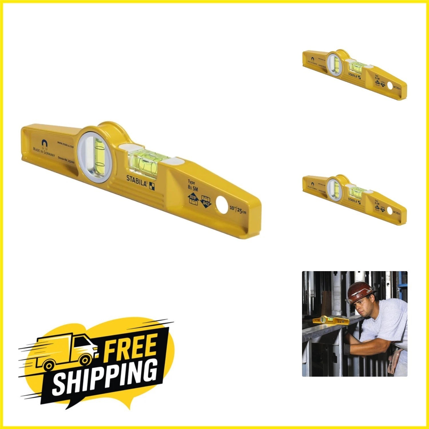 10-Inch Die-Cast Magnetic Level with Rare Earth Magnets - Precision Yellow Tool