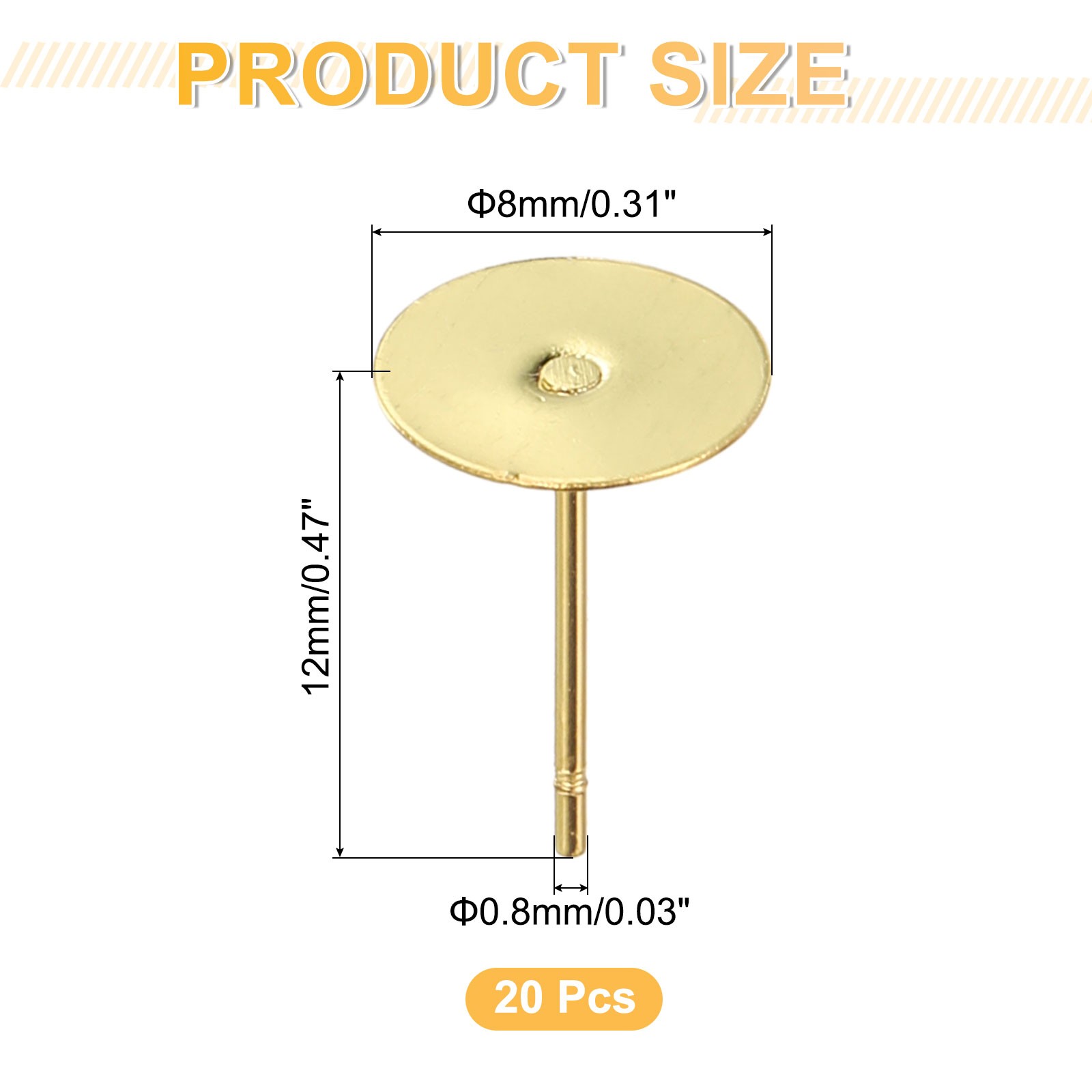 20Pcs Stud Earring Posts, 8mm Ear Pin with Butterfly Earring Backs, Gold