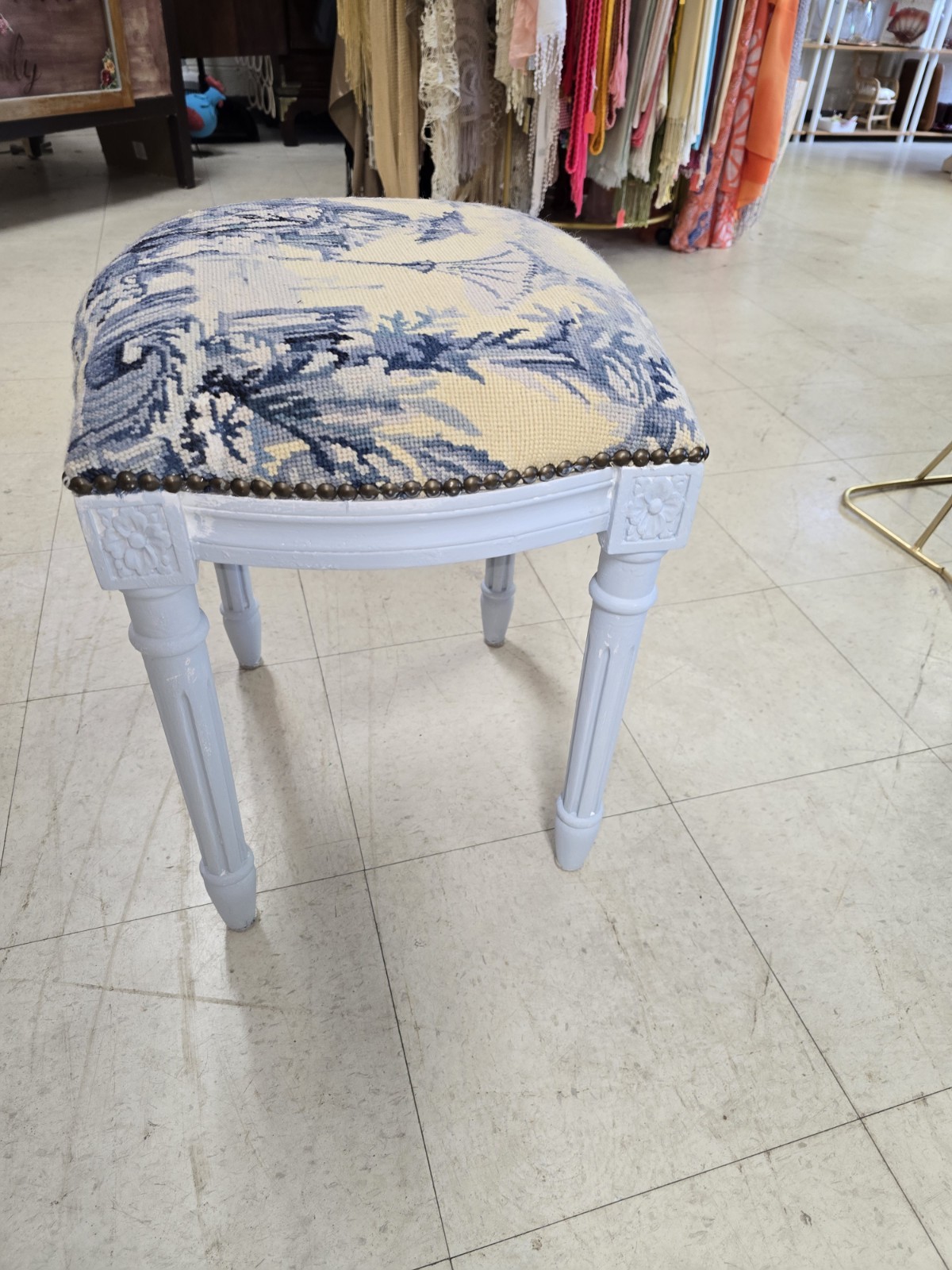 1970s Chinoiserie Blue And White Garden Needle Point Vanity Bench