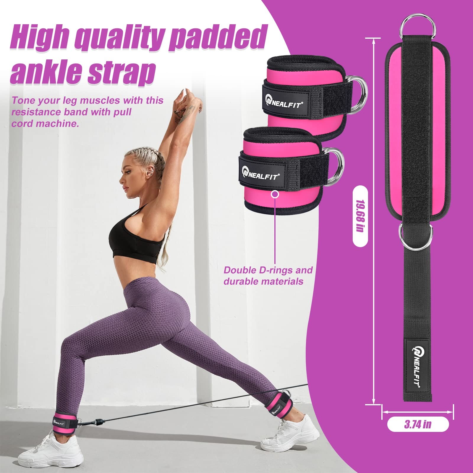 NEALFIT Ankle Strap for Cable Machine, Gym Cuff Single, Pink