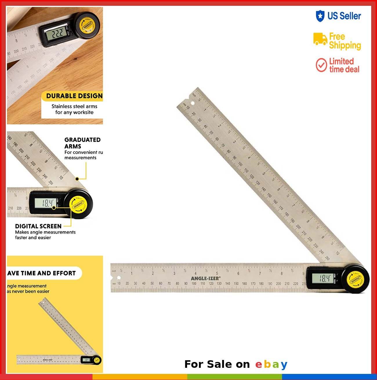 Digital Angle Finder 10 Inch Stainless Steel Protractor 360 Degree LED Display