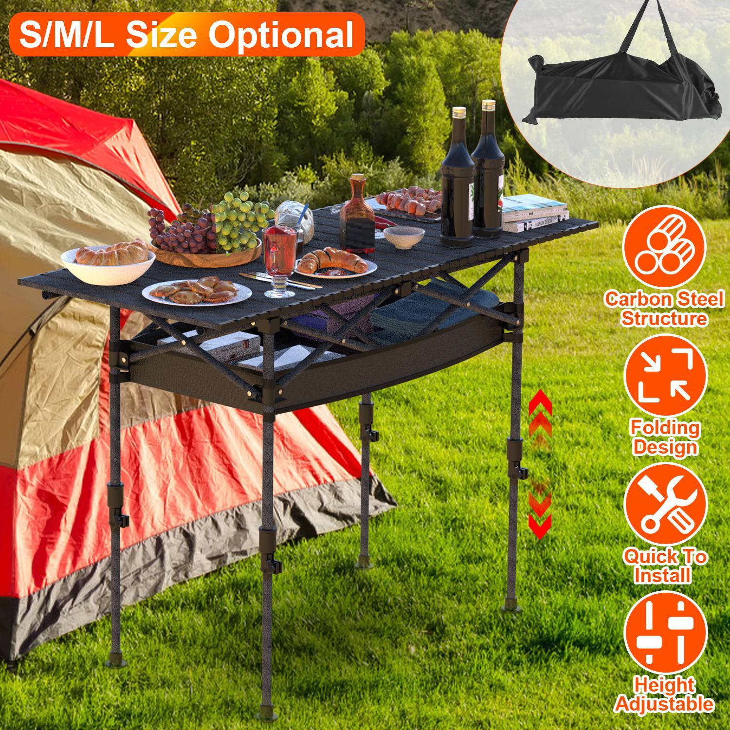 Portable Folding Camping Table with Adjustable Height Legs Hanging Net Rustproof