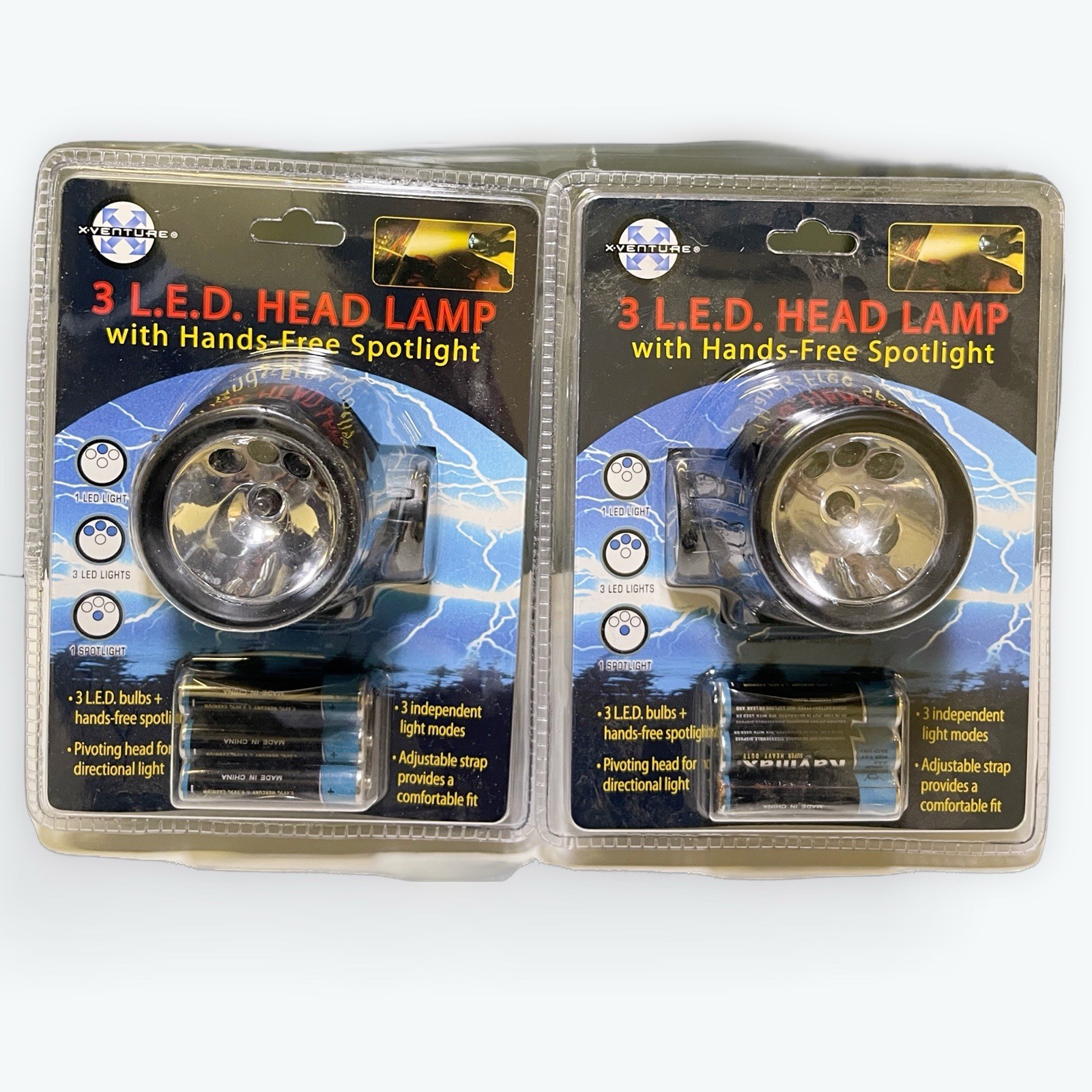 LED Headlamp 2 Pack HandsFree 3 LED Headlight Camping Hiking Batteries Included2