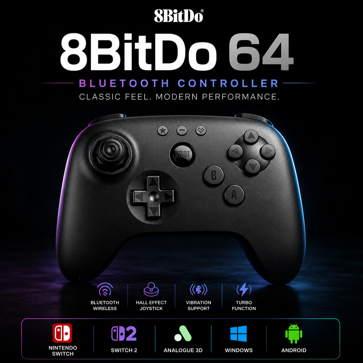 8BitDo 64 Bluetooth Controller Black for Switch 2 Analogue 3D PC Android