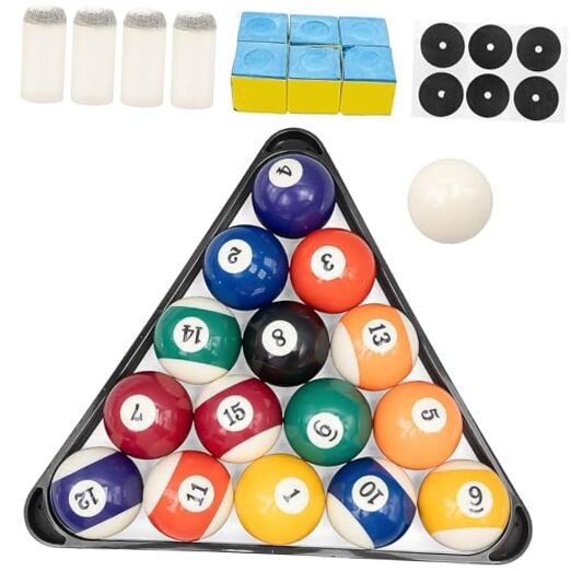 Billiard Pool Balls with Triangle Ball Rack, Cue Chalks, Table Spot Stickers &