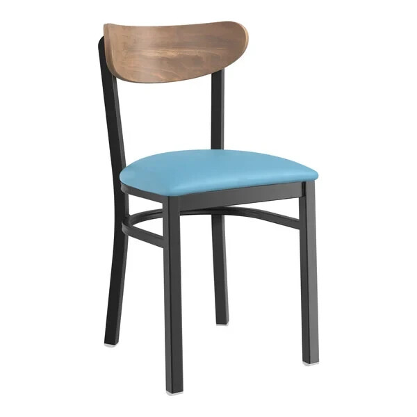 Boomerang Back Metal Dining Chairs with Blue Vinyl Seat and Vintage Wood Back