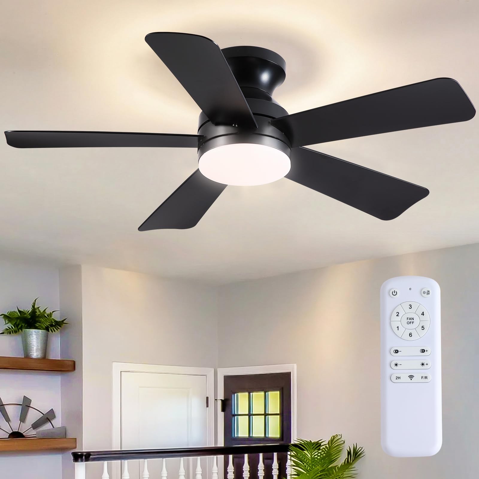 41 Inch Black Flush Mount Ceiling Fan Remote 3CCT LED Dimmable 6 Speeds Quiet