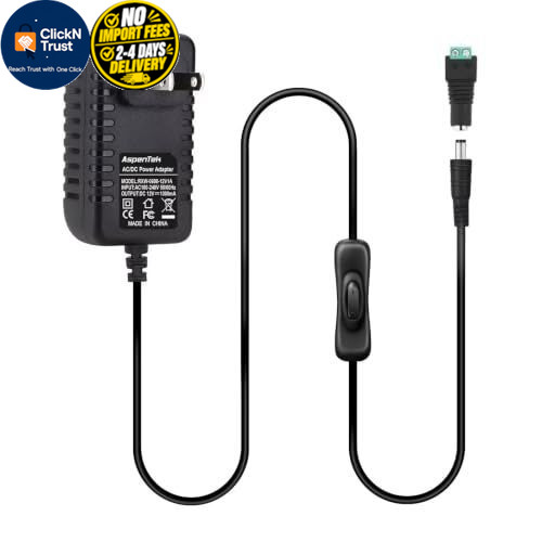 AspenTek DC 12V Power Supply Adapter with Inline On Off Switch 3.8 feet, black