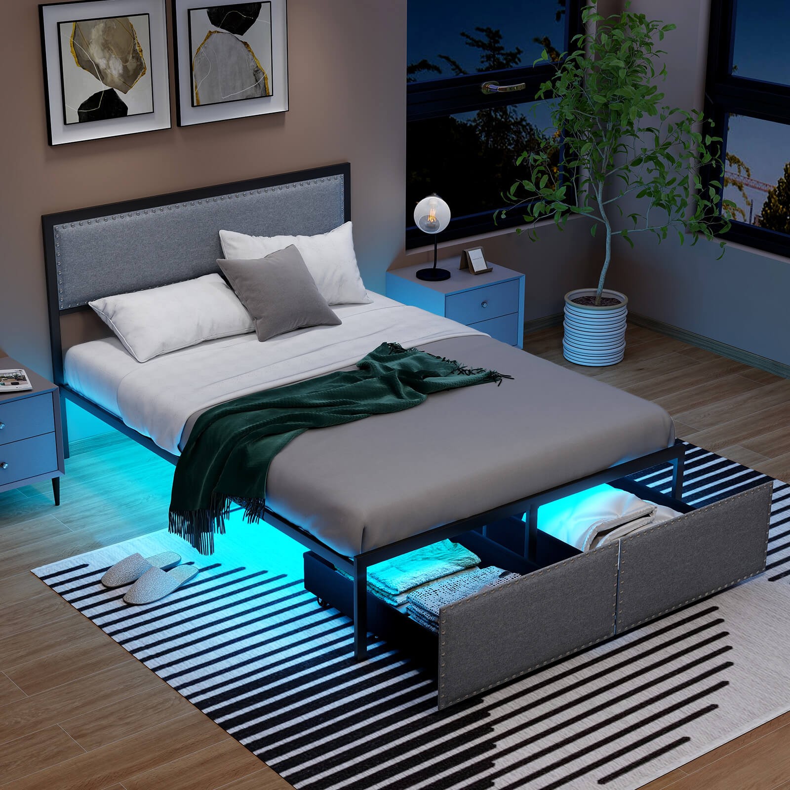 Full Size Bed Frame with 2 Storage Drawers LED Lights Slats Support Modern