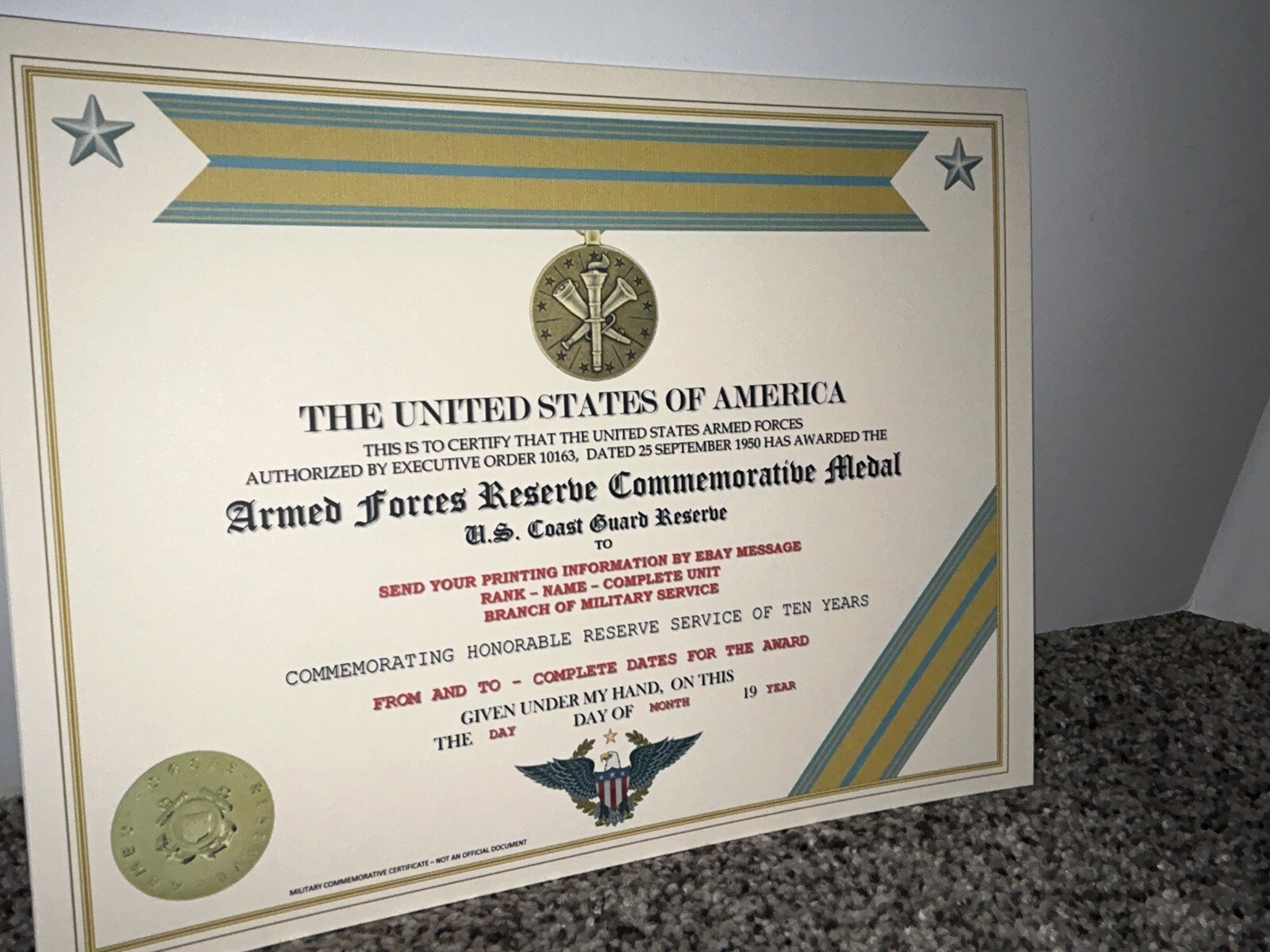 ARMED FORCES COAST GUARD RESERVE COMMEMORATIVE CERTIFICATE ~ W/PRINTING TYPE-1