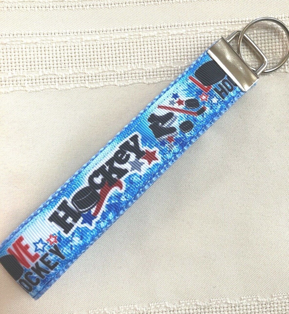 HOCKEY KEY CHAIN WRISTLET RIBBON/ Key Fob BLUE Webbing Free Shipping, Handmade