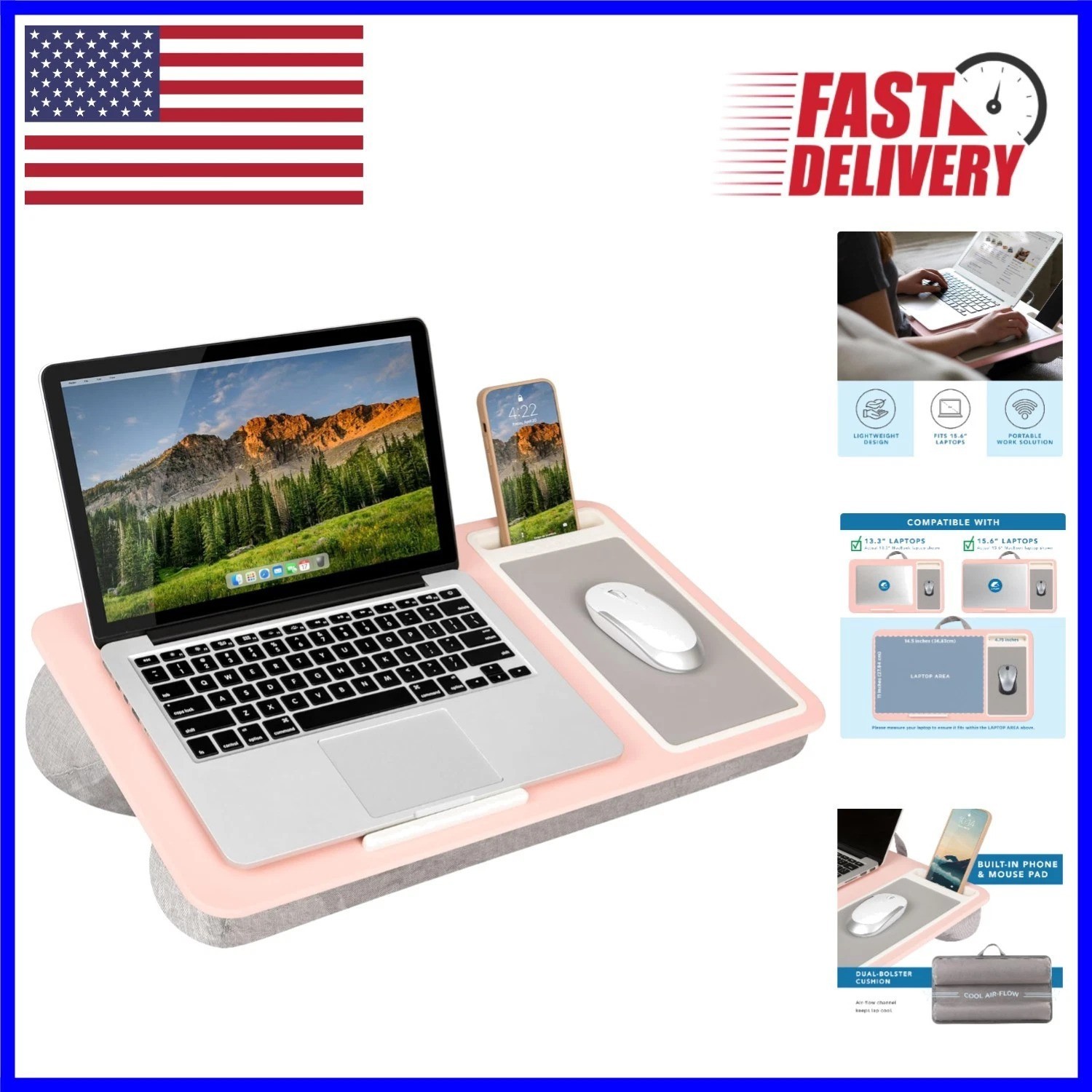 Elegant Blush Pink Lap Desk with Built-in Mouse Pad & Phone Slot - Travel Ready