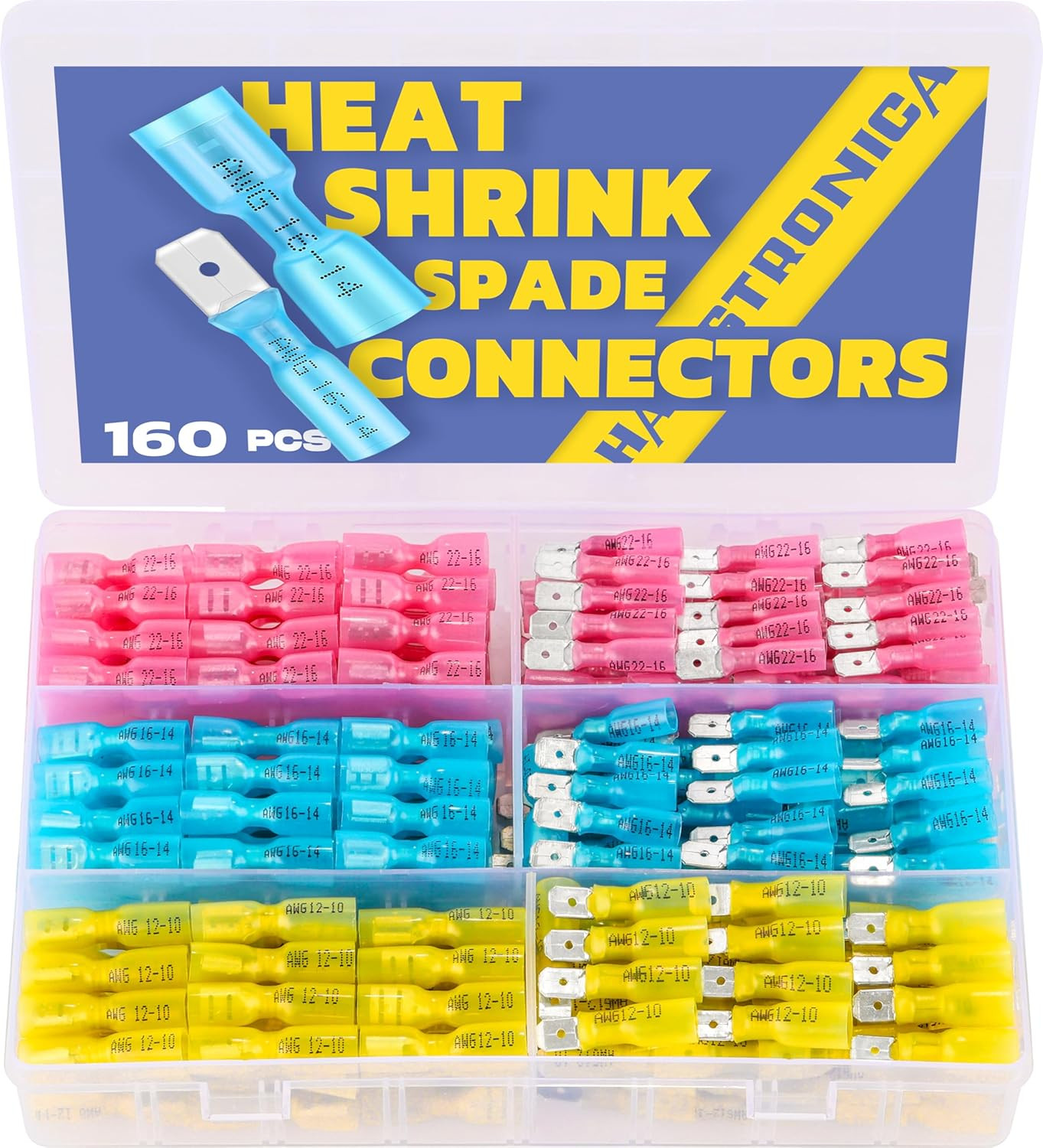 160Pcs Heat Shrink Spade Connectors,Awg 22-10 Female and Male Wire Connectors,Qu