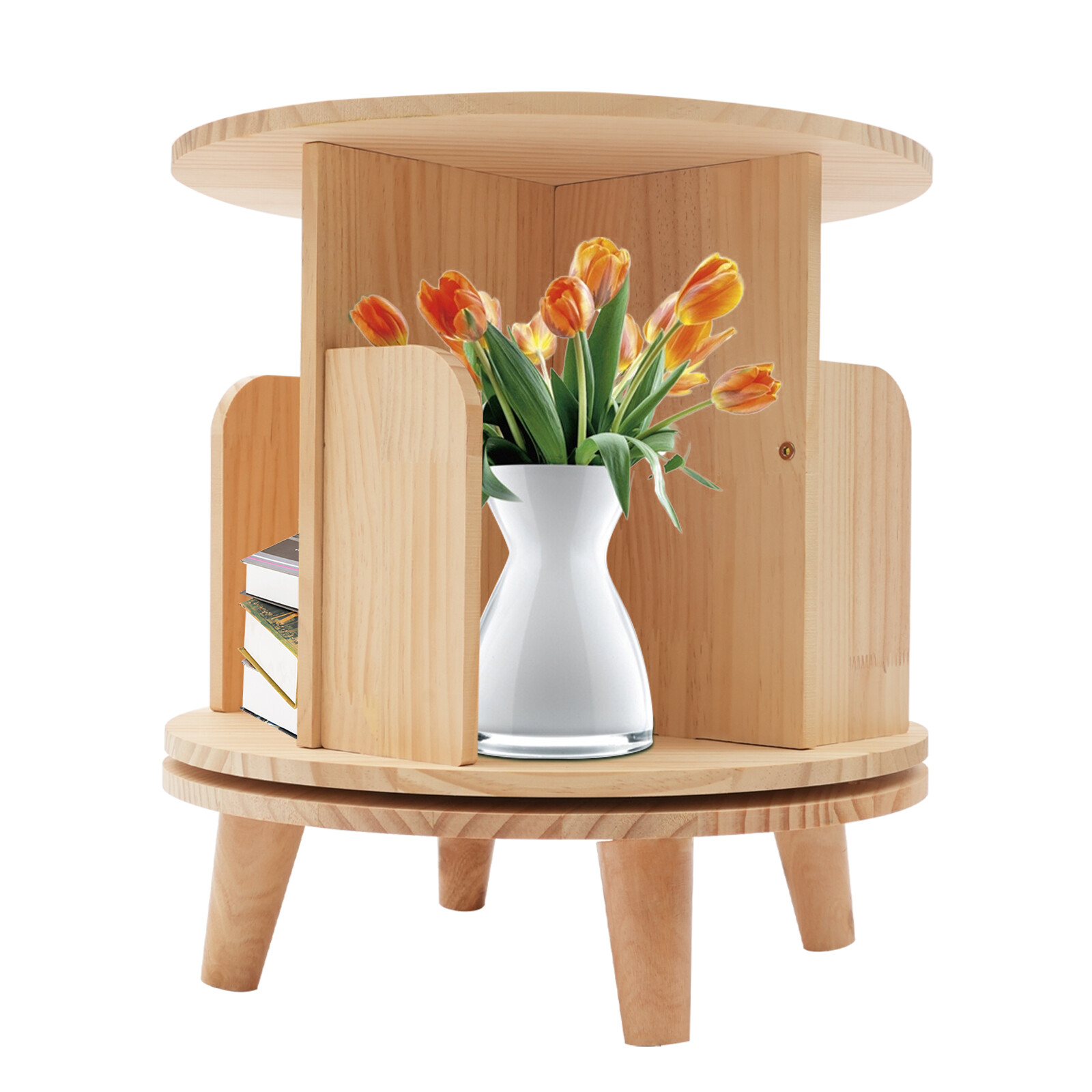 1-tier Floor Standing Solid Wood Single-layer Rotating Bookshelf 31cm H Bookcase
