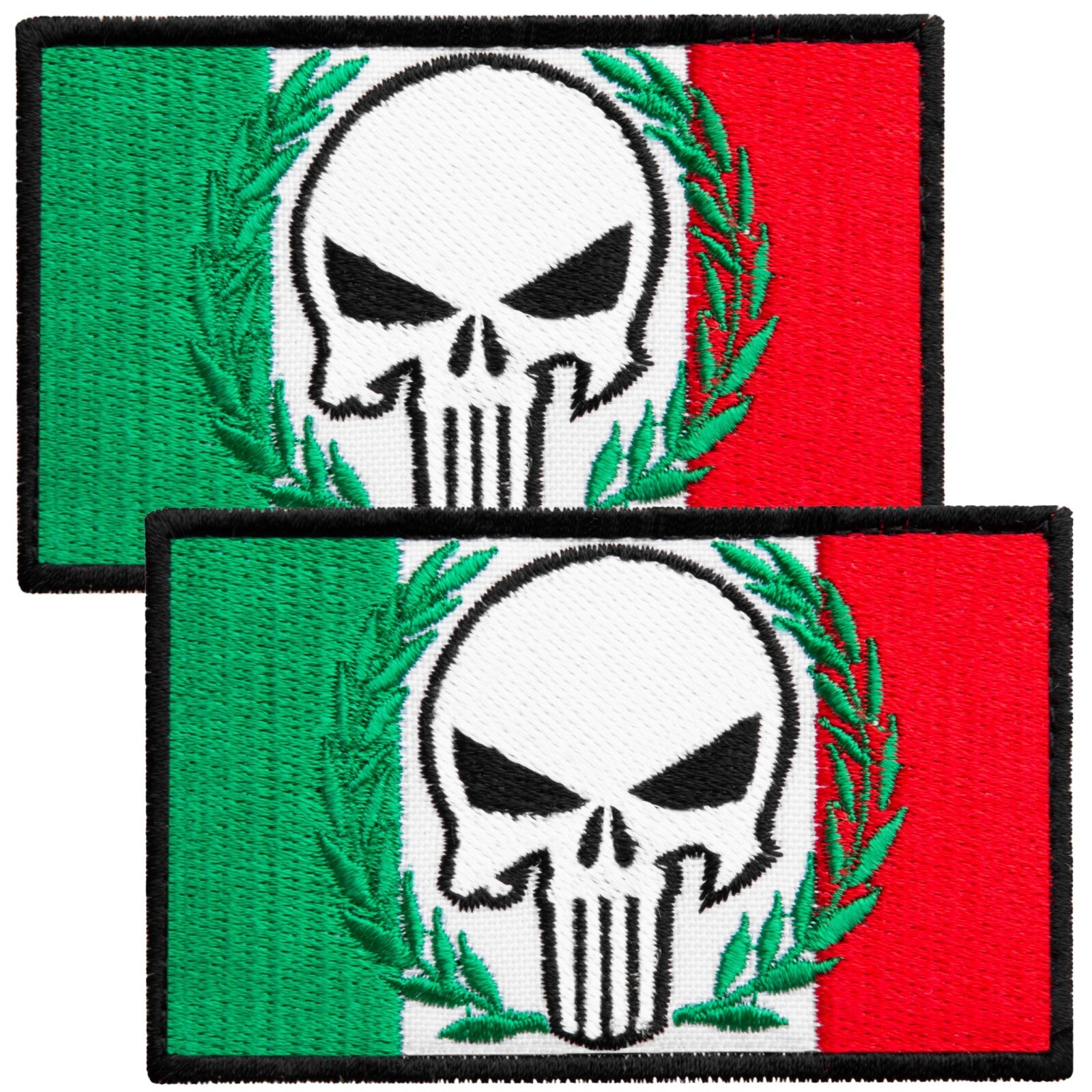 2-Pcs Dead Skull on Italian Flag Embroidered Patch with Hook & Loop Fastener 2x3