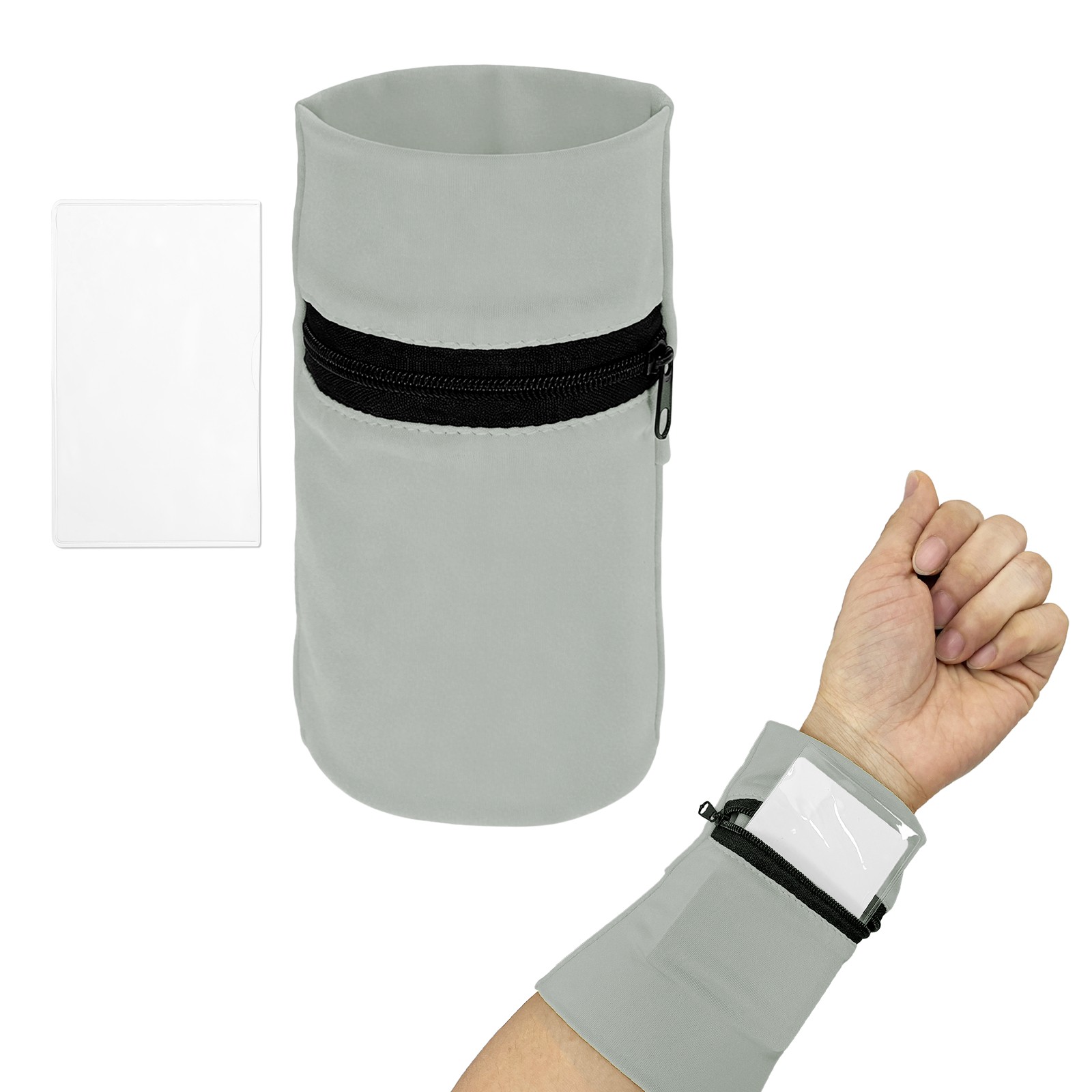 Wrist Pouch, Wrist Wallet Wristband with PVC Card Pouch Zipper &Gray