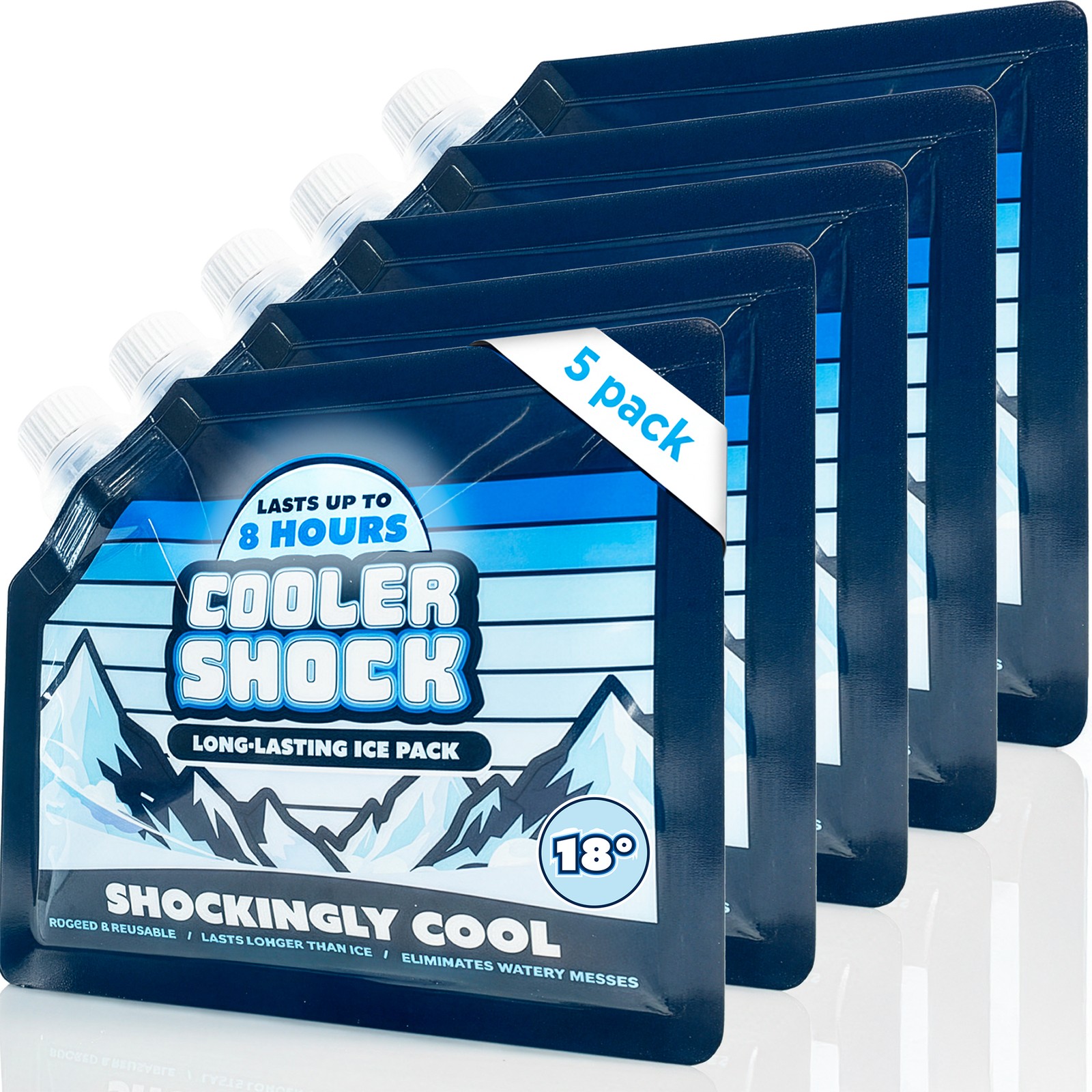 Cooler Shock 7.5” x 6.4” Navy Reusable Screw-Cap Ice Packs, 5-pack