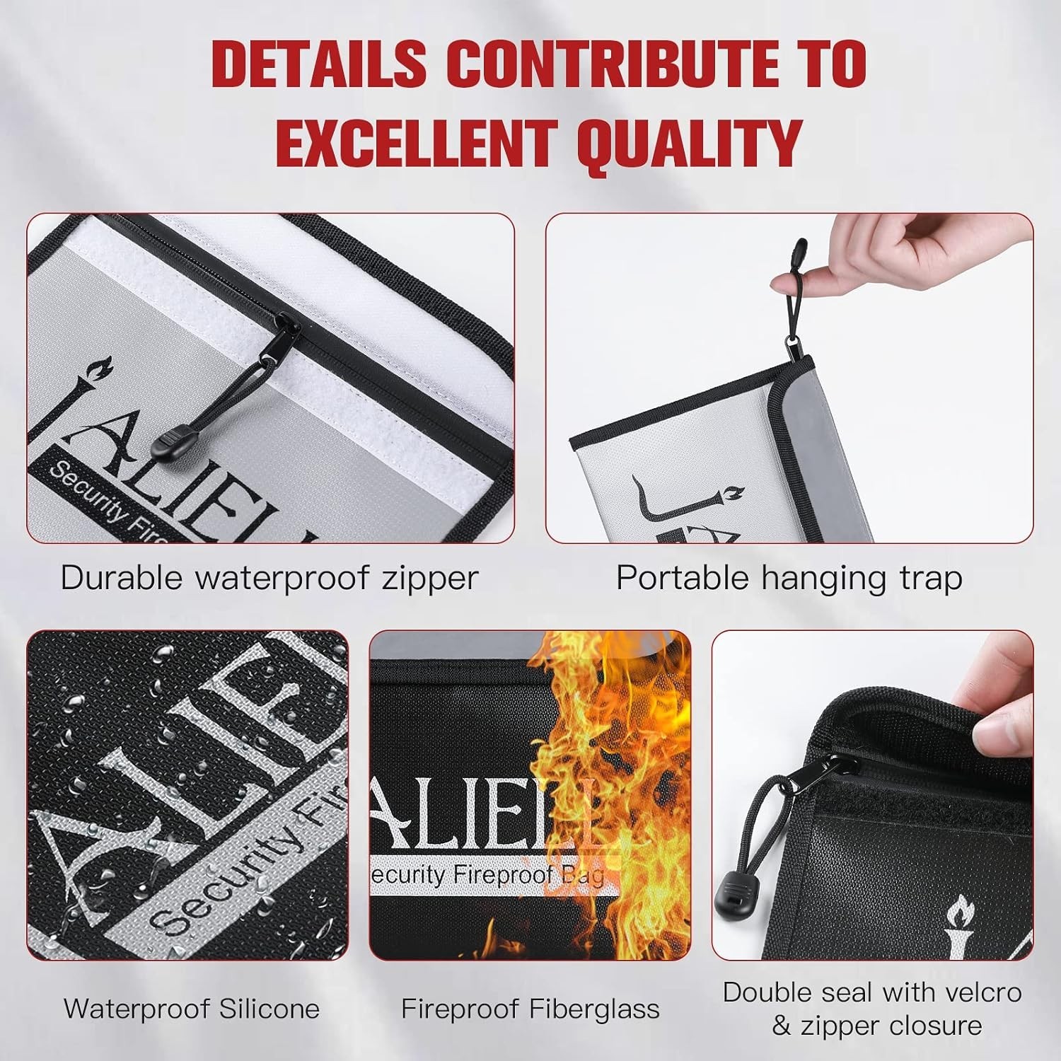 2 Pack Fireproof Money Bags 9.5x6.5", Waterproof Zipper Bag for Cash & Valuables