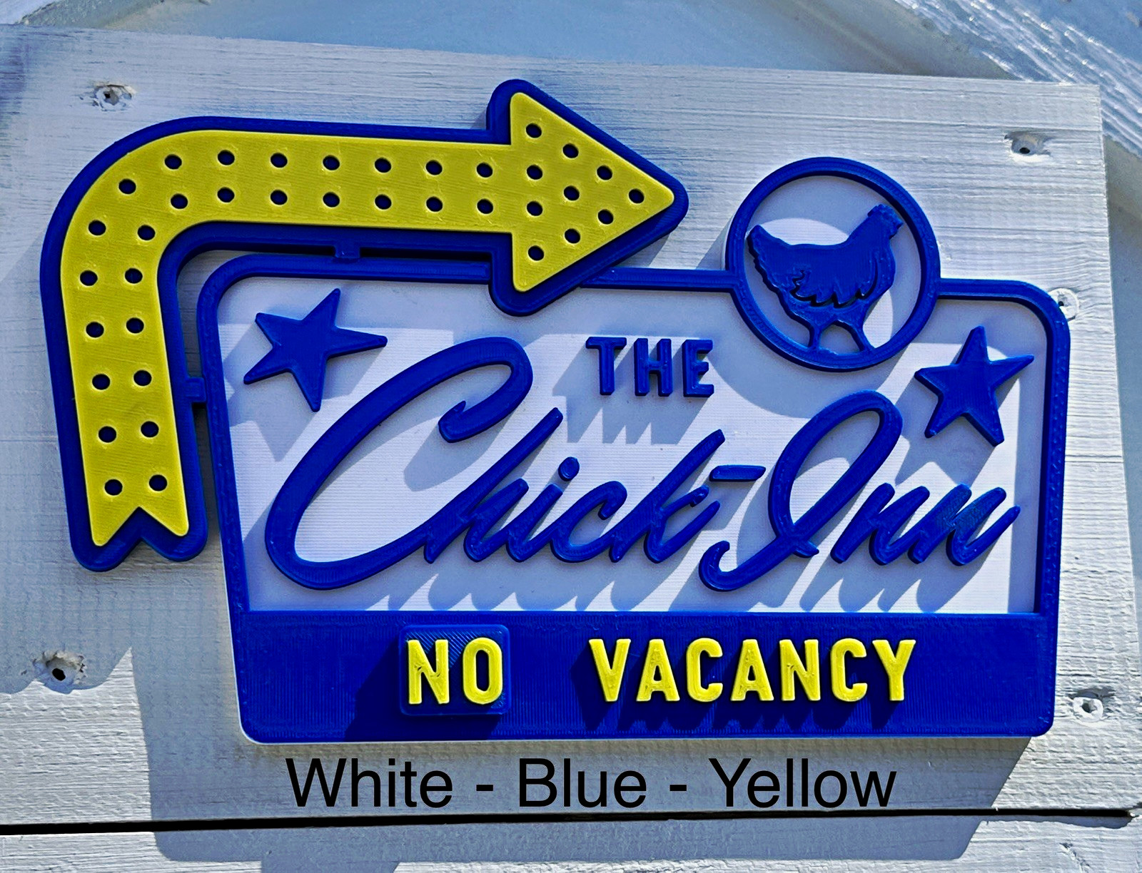 Retro “The Chick-Inn” Chicken Coop Sign | White-Blue-Yellow | 3D Printed Decor