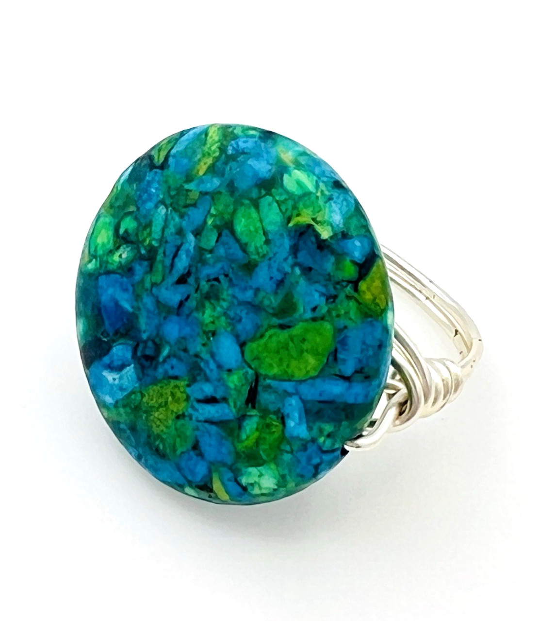 Handcrafted Silver Plated Wire Wrapped Mosaic Composite Stone Ring Size 8