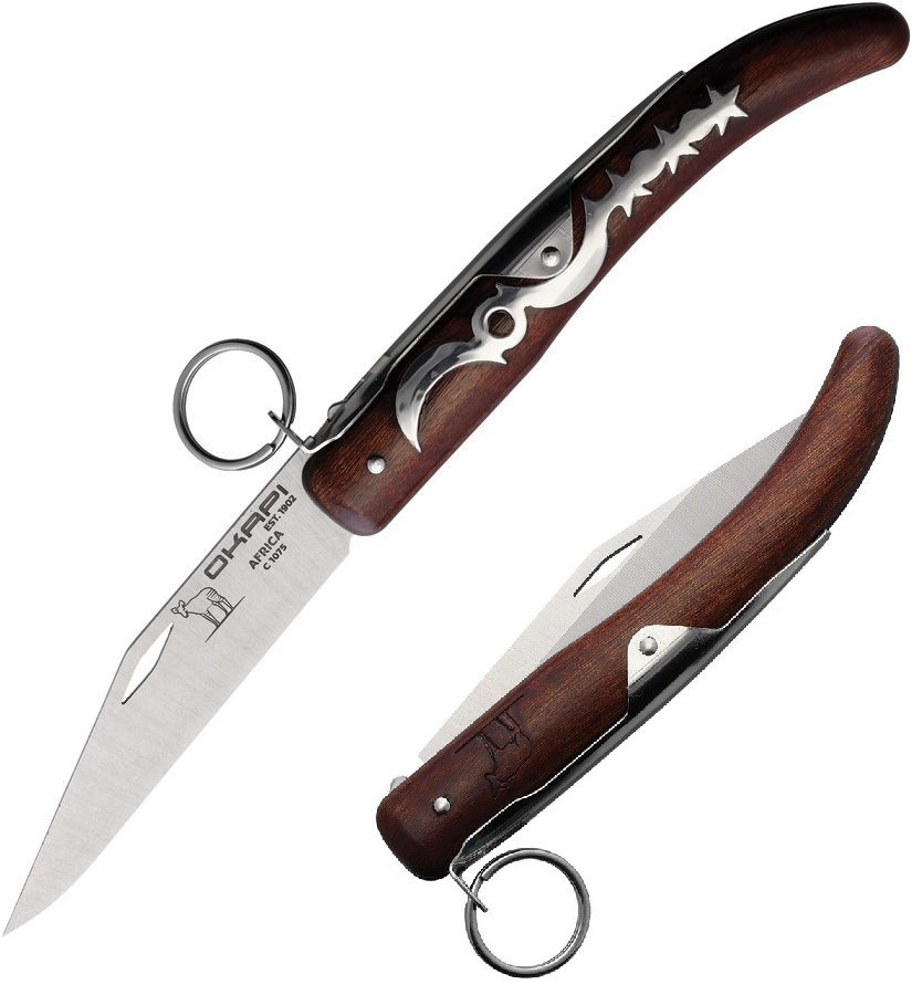Okapi Folding Knife 4.5" Tumbled 1075HC Steel Clip Point Blade Brown Wood Handle
