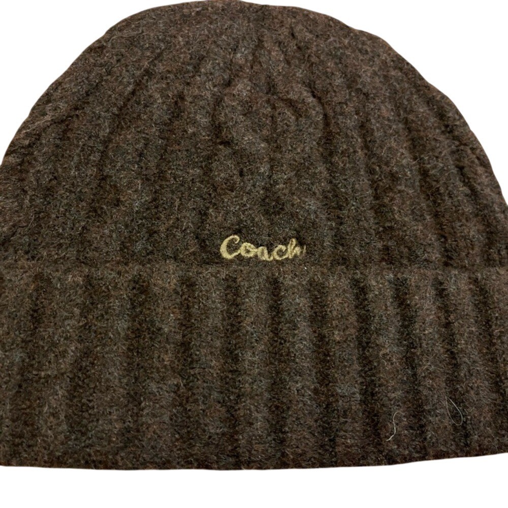 Coach Dark Brown Cable Knit Beanie Hat Ribbed Cuff Logo Winter Cap