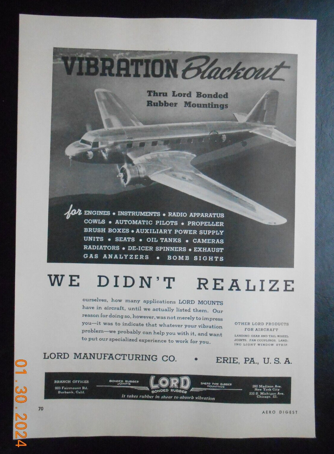 1940 Lord Manufacturing OC Erie PA airplane mountings AD Continental Screw CO MA