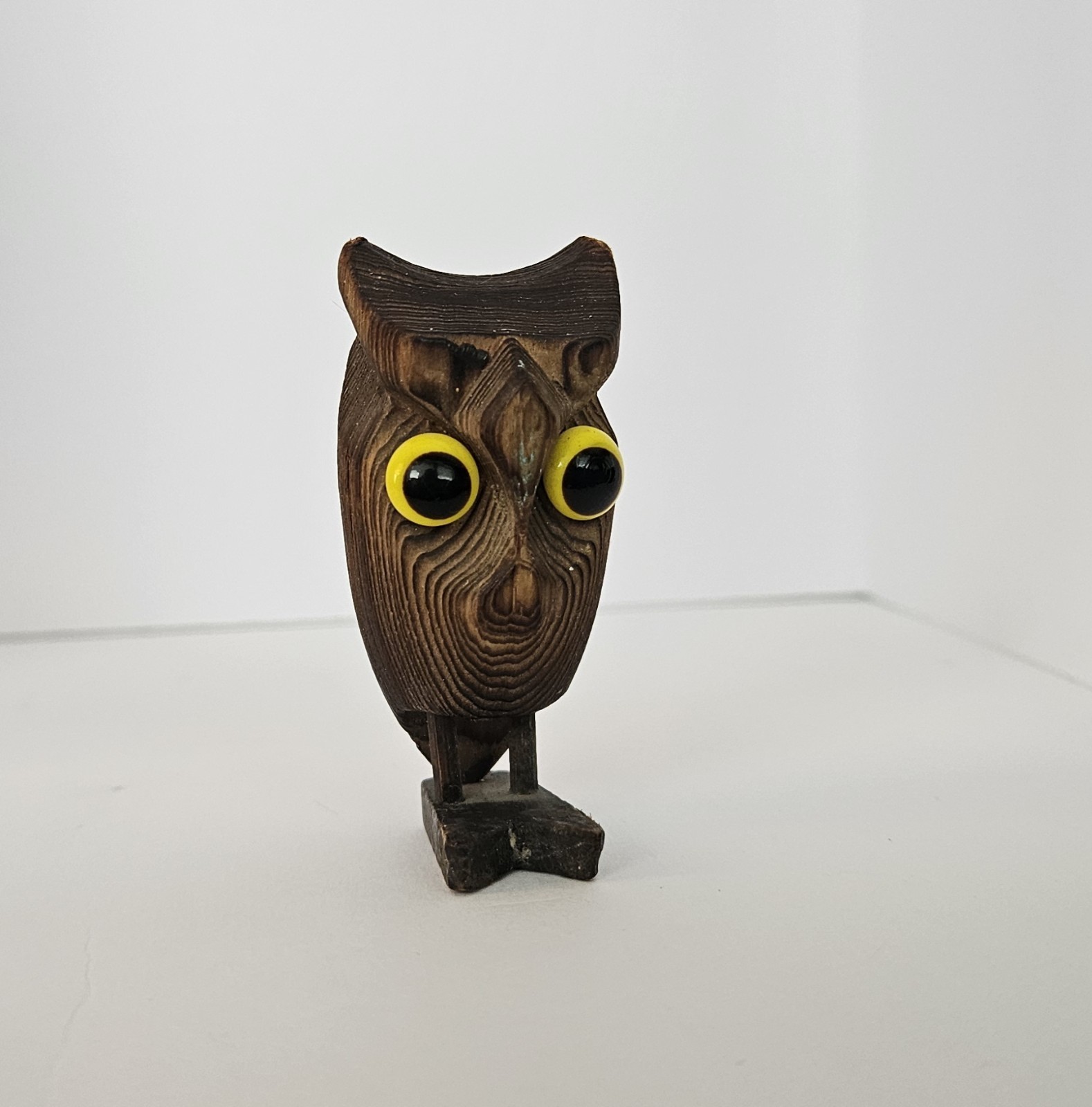 Cryptomeria Burnt Wood Owl Vintage 2.5” Carved Yellow Eyes Small Decor 1960s