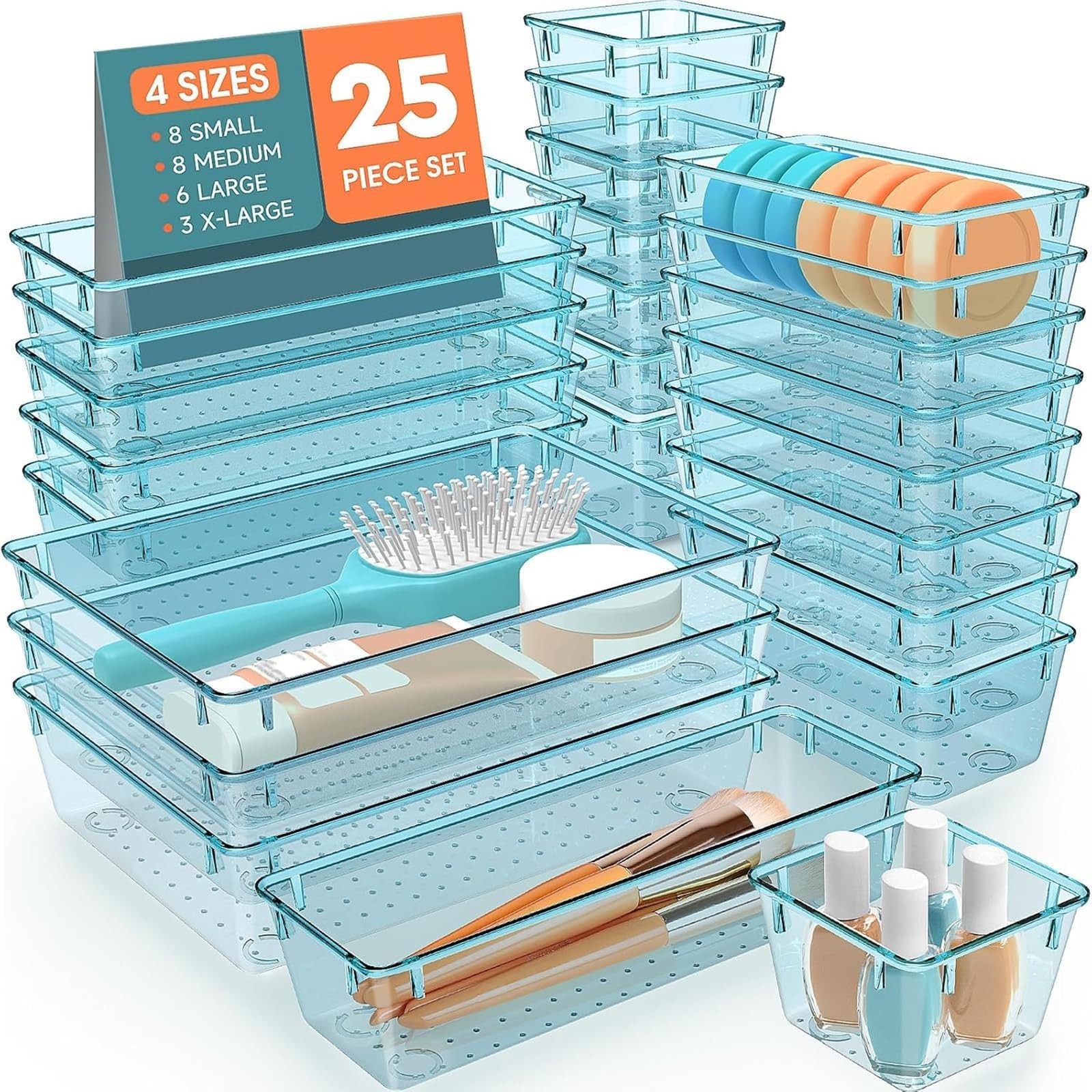 25 PCS Plastic Drawer Organizer Set, 4-Size Versatile Organizer Trays & stora...