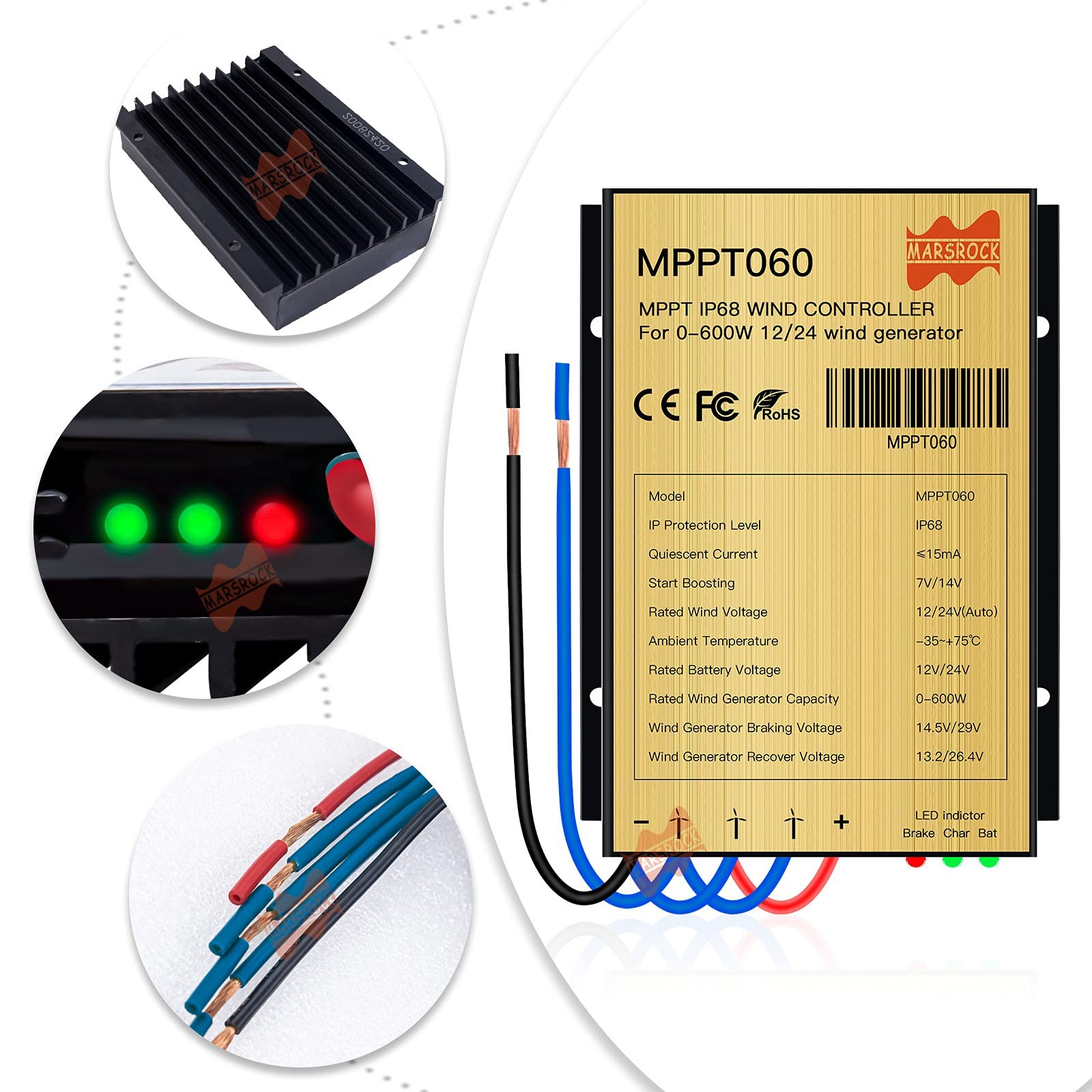 Marsrock 0600W Mini Wind Charge Discharge Mppt Controller Ip67 Waterproof