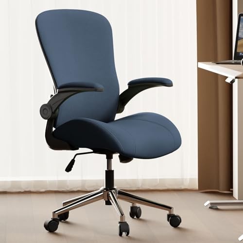 Blue Ergonomic Office Desk Chair, Soft Fabric Thickened Linen Fabric Navy Blue