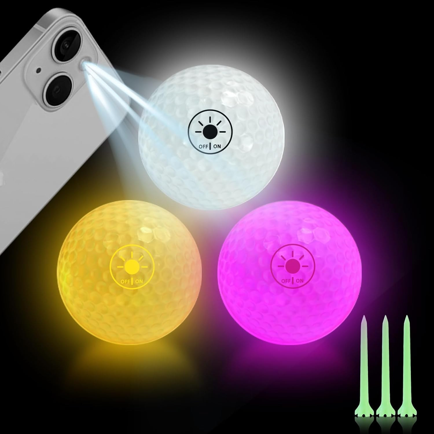 Glow in the Dark Golf Balls with Glow Tees, Super Bright Light Activated Balls N