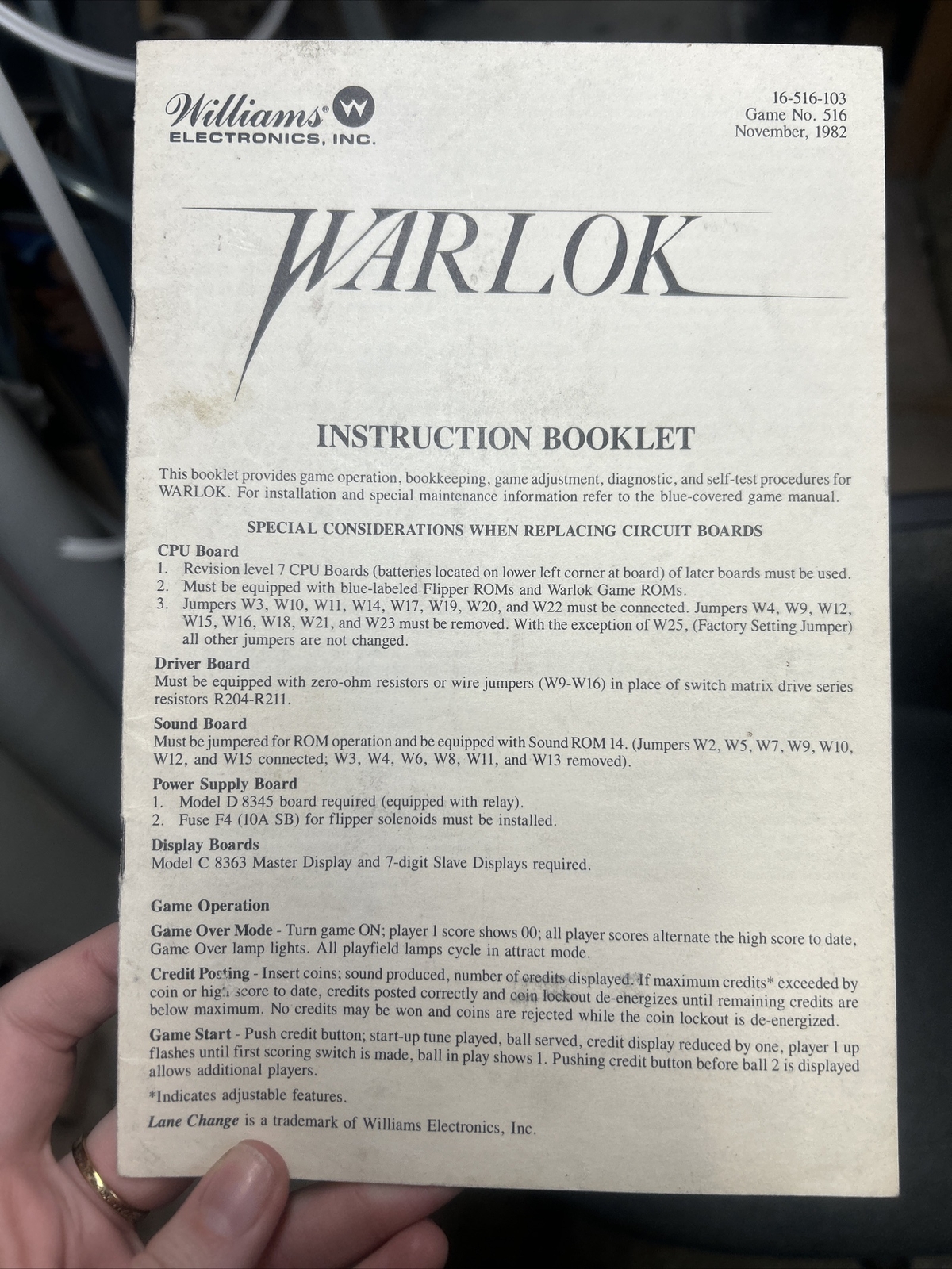 Williams WARLOK Pinball Machine Fast Instruction Booklet- used original