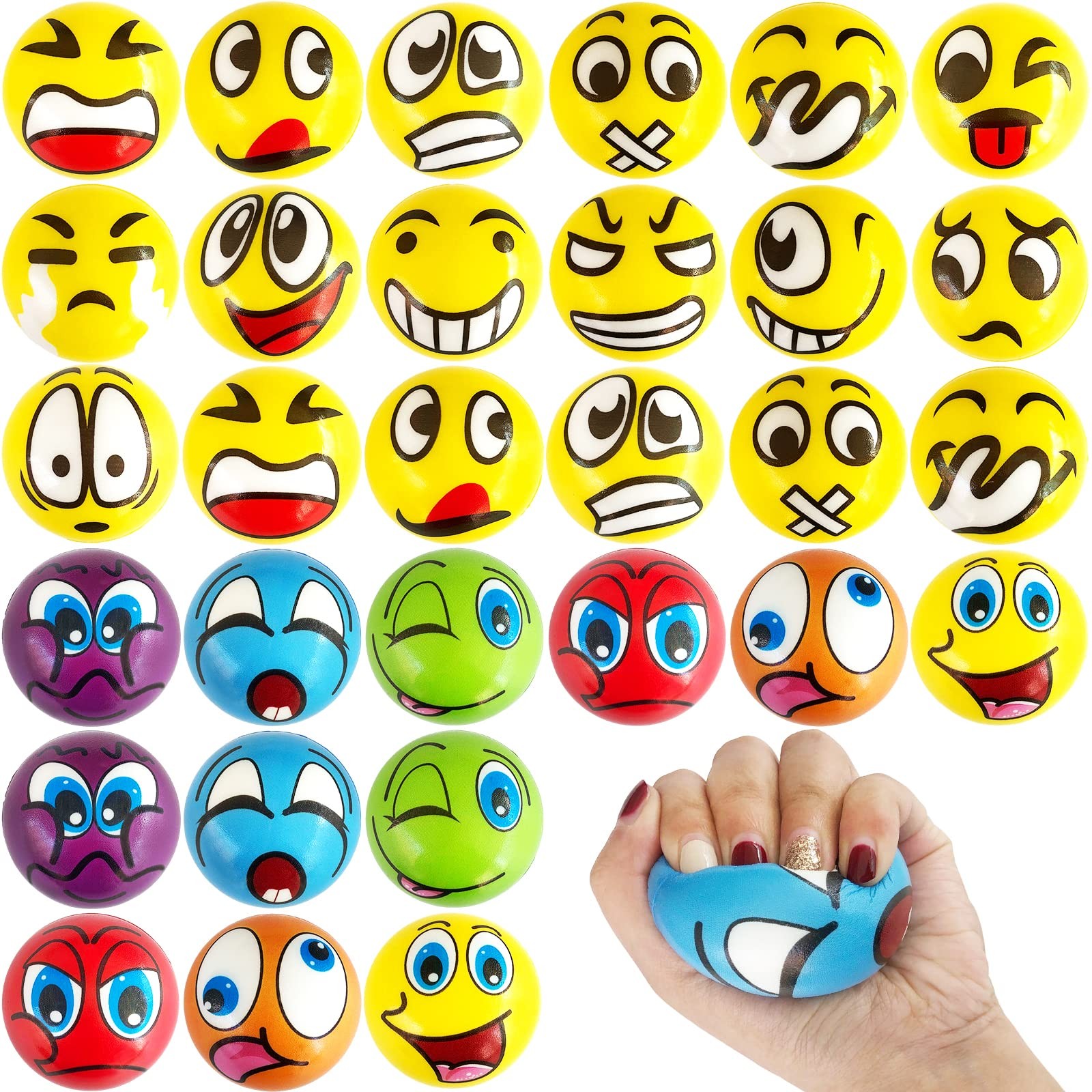 30 Pcs Face Stress Balls,2.5 Inch Funny Face Squeeze Balls,Emotion Squeeze Fo...