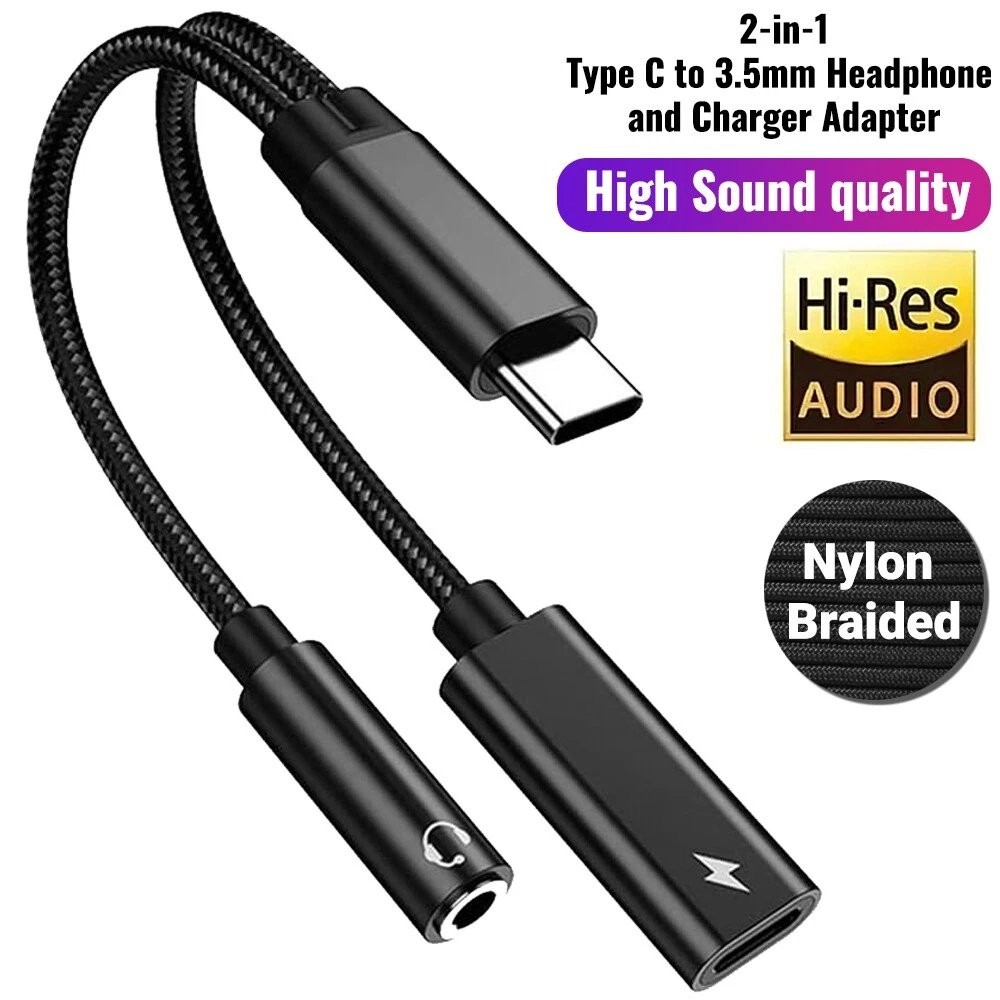 2 in 1 Type-C USB C to 3.5mm AUX Audio Headphone Jack Adapter Charger Cable US